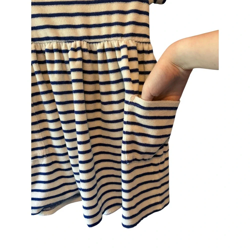 Mini Boden Kids Navy White Striped Terry Cloth Dress Red Ringer Neck 4-5Y G4671